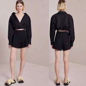 A.L.C Bennett Linen & Cotton High Rise Pleated Short Women's Black Size